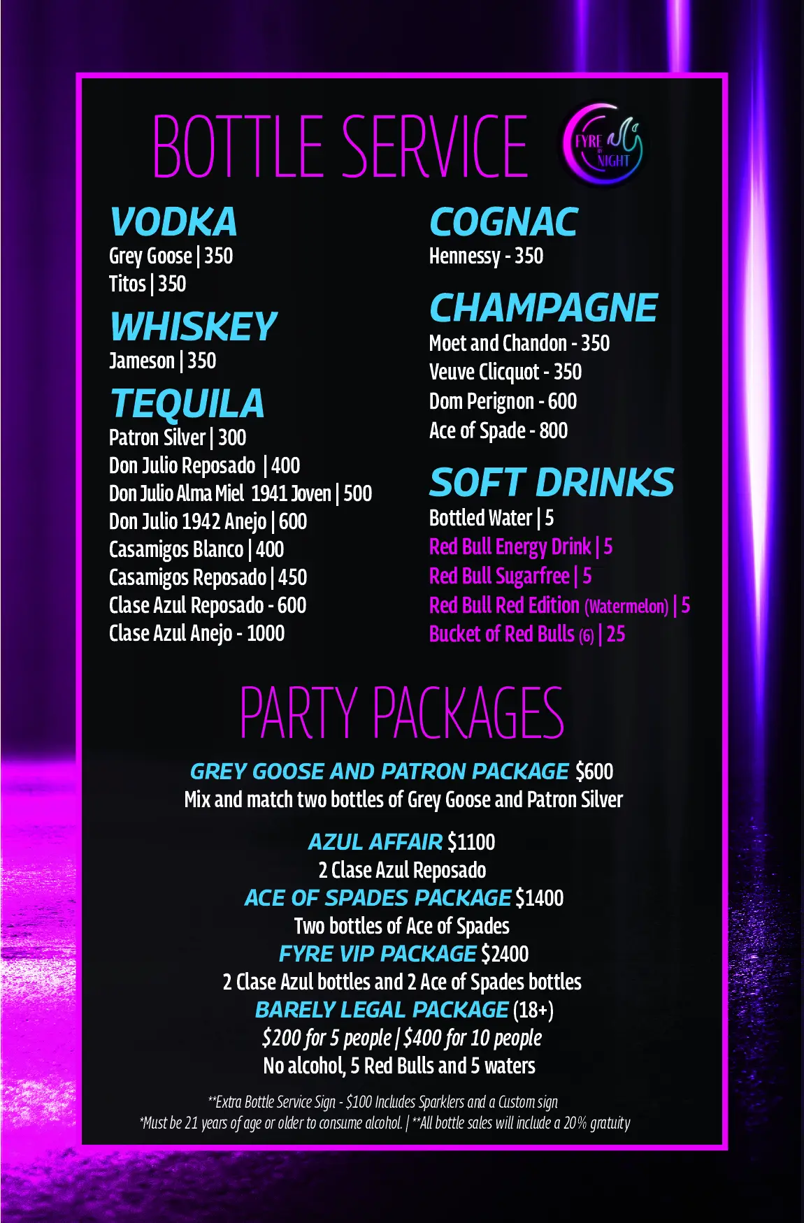 Fyre By Night Bottle Service Menu