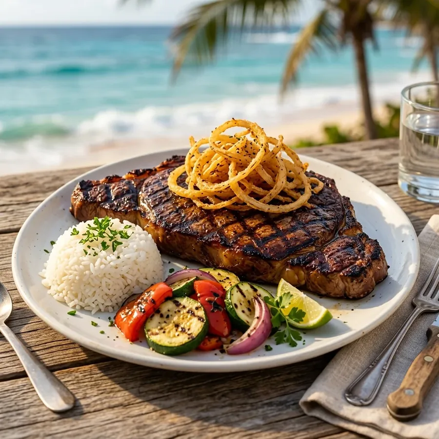 ShoreFyre Ribeye — 10oz Certified Angus Beef steak with crispy fried onions in Waikīkī