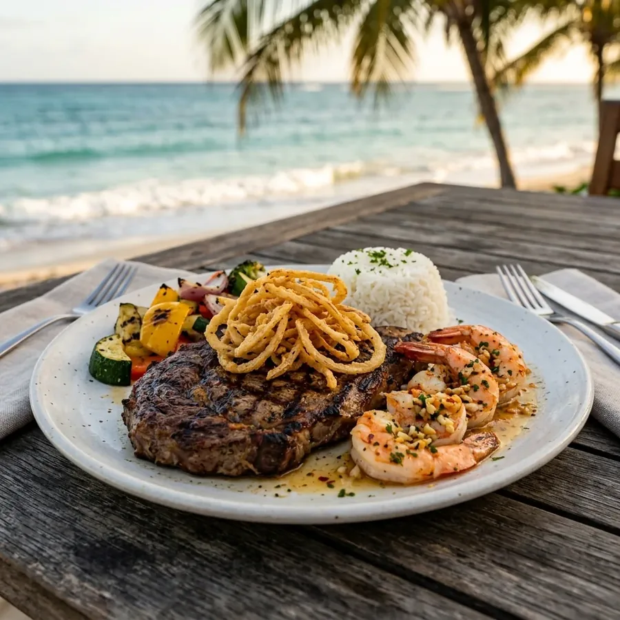 ShoreFyre Surf N Turf — ribeye steak with Kahuku style garlic shrimp, Waikīkī