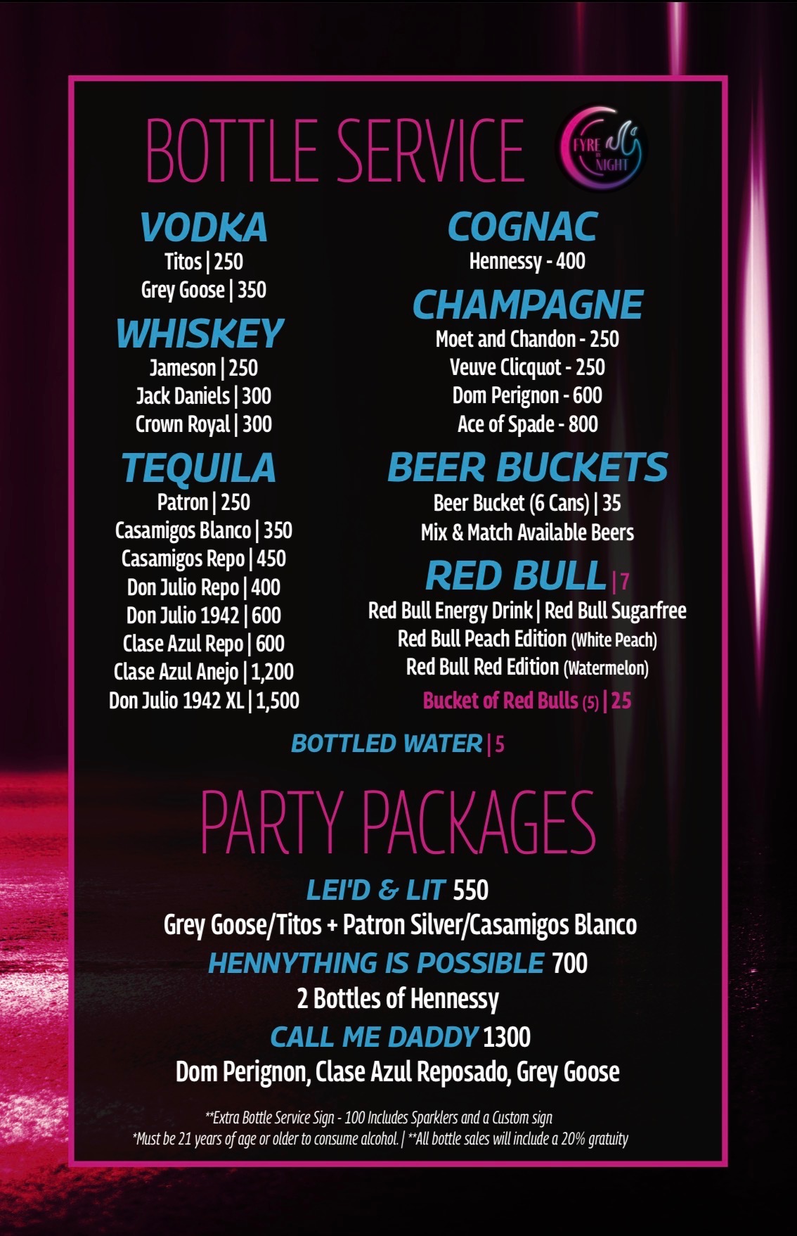 Fyre By Night Bottle Service Menu