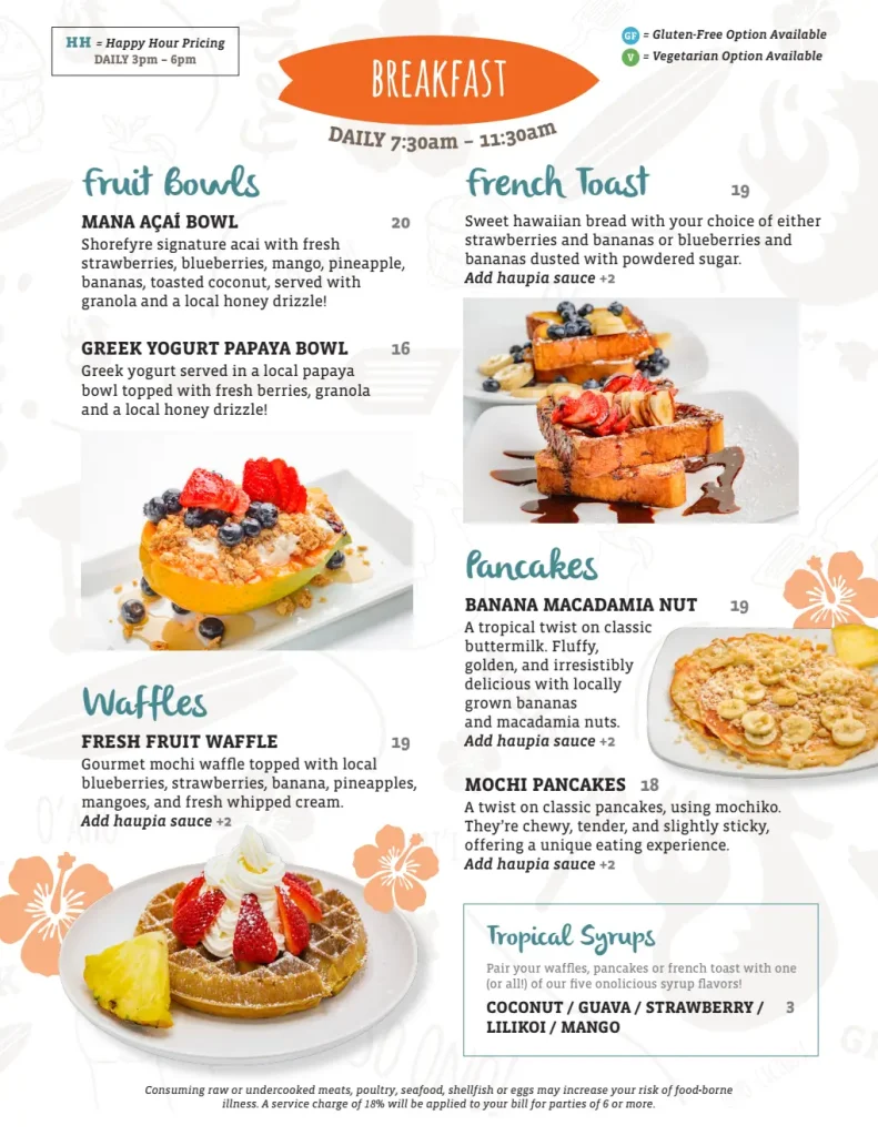 ShoreFyre Koa Ave Menu Page 1 – Breakfast